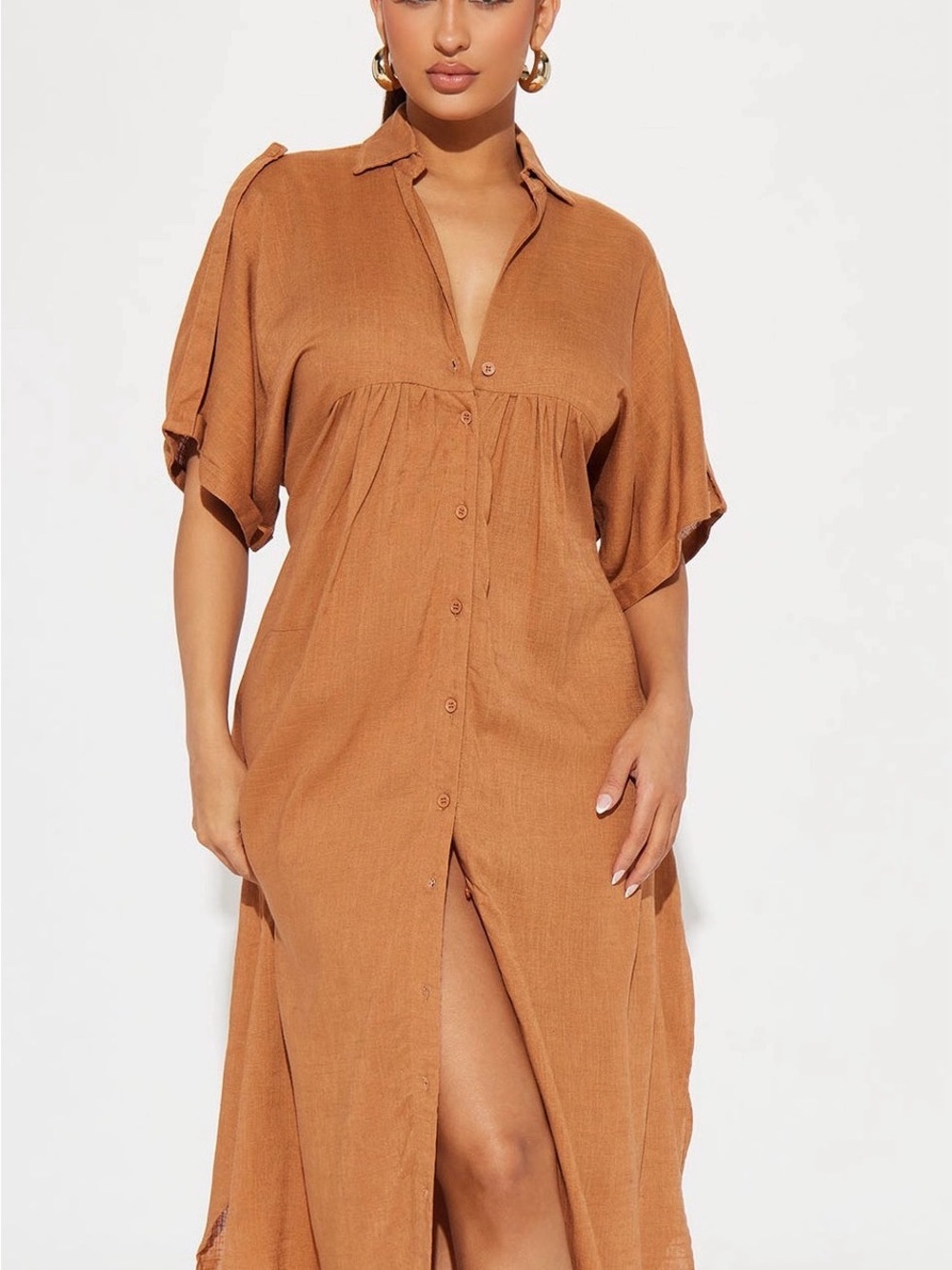 NWT Fashion Nova Linen Blend Midi Dress Cognac